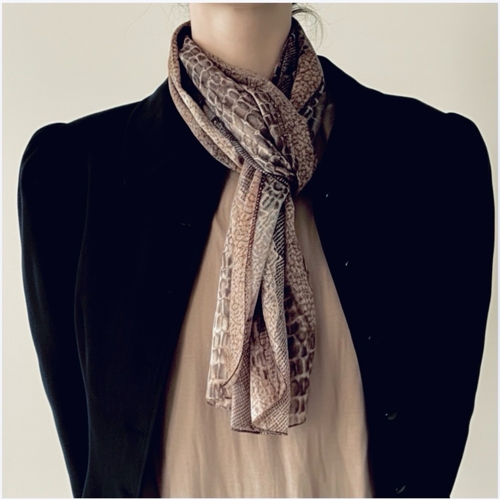 Vintage 90s Reptile Animal Print Sheer Scarf Neutral Browns - Treasure Hunt Gift